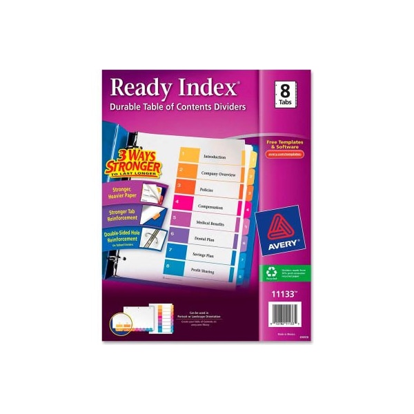 Avery Dennison Avery Ready Index T.O.C. Reference Divider, 1 to 8, 8.5"x11", 8 Tabs, White/Multi 11133 - main